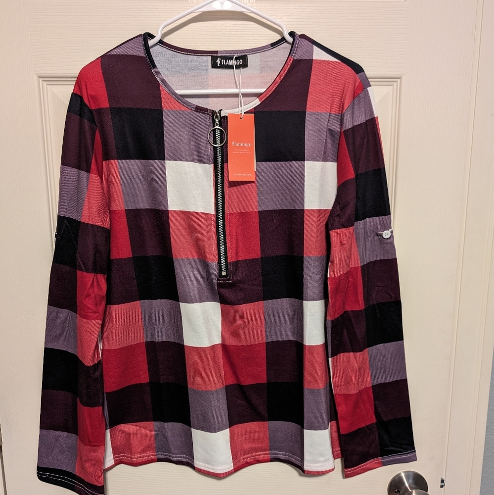NWT Womens Flamingo Red white and black Flannel print long sleeve NEW